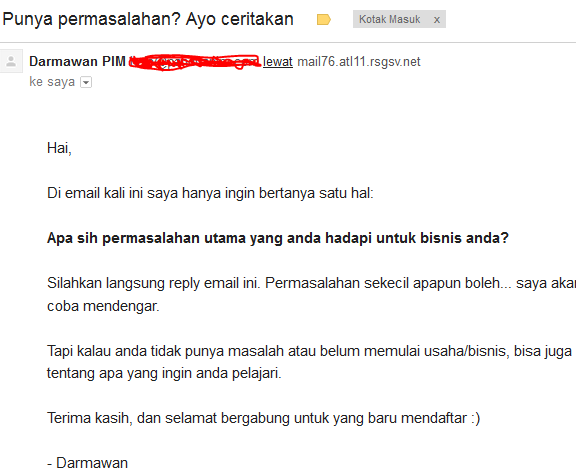 Contoh email yang dikirimkan oleh Darmawan, pemilik dan author utama PanduanIM.Com